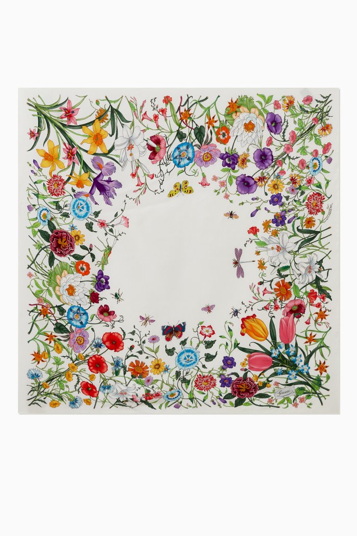 Flora-print Carré Scarf in Silk, White