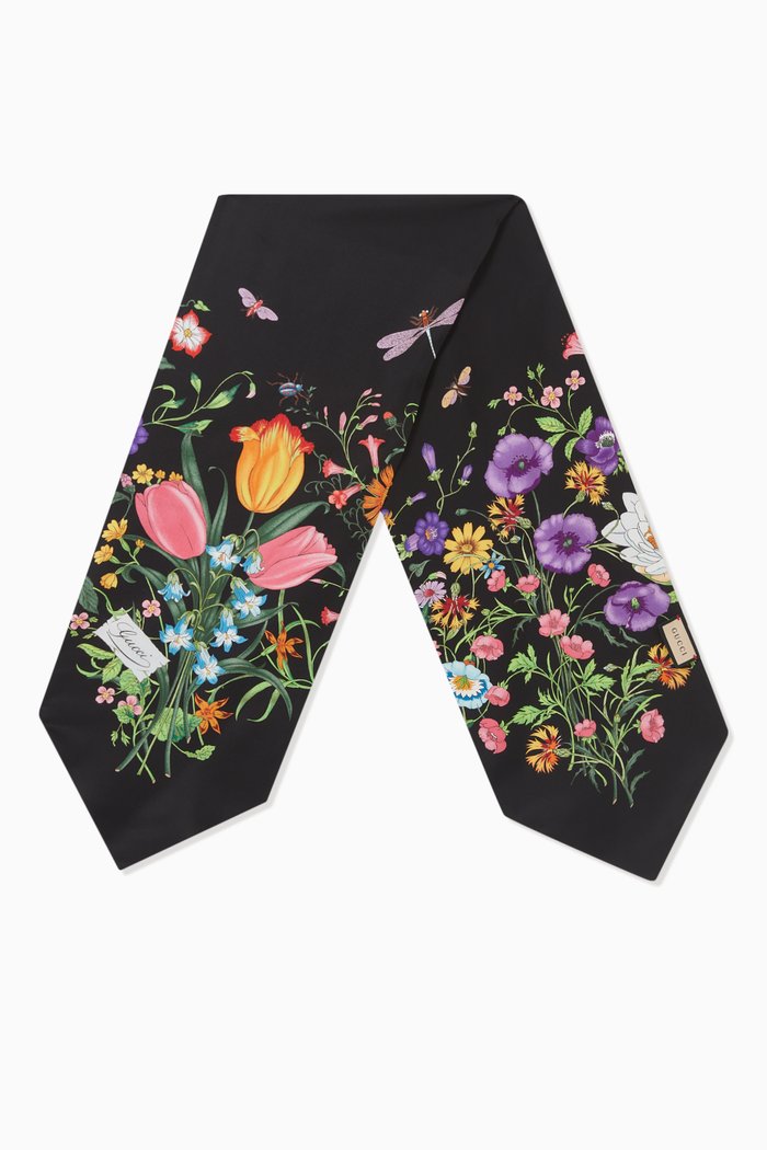 

Floral Bow Scarf in Silk, Black