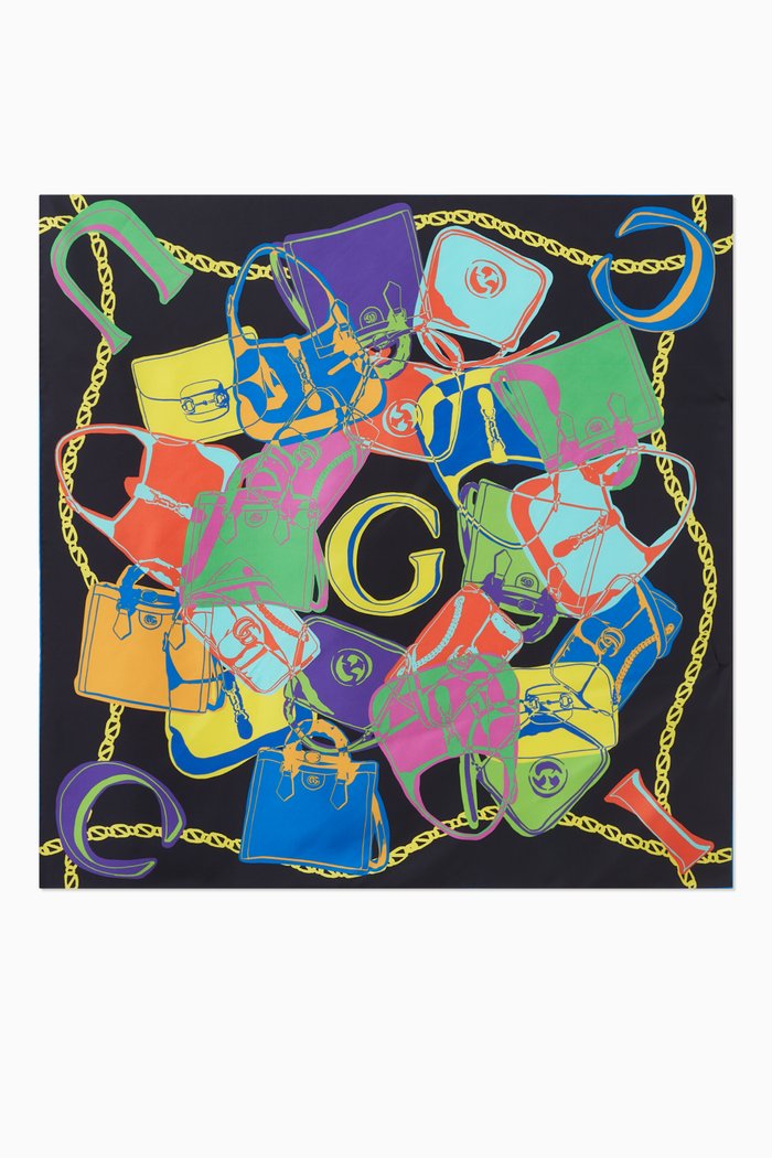

Logo Bag Print Carré Scarf in Silk Twill, Black