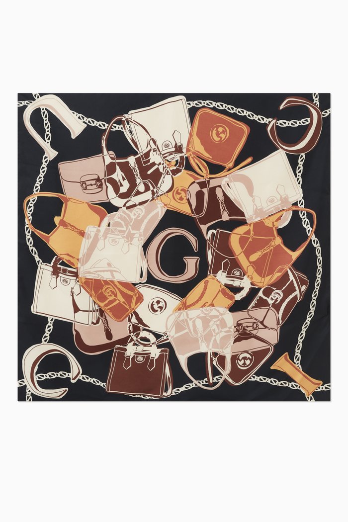 

Logo Bag Print Carré Scarf in Silk Twill, Blue