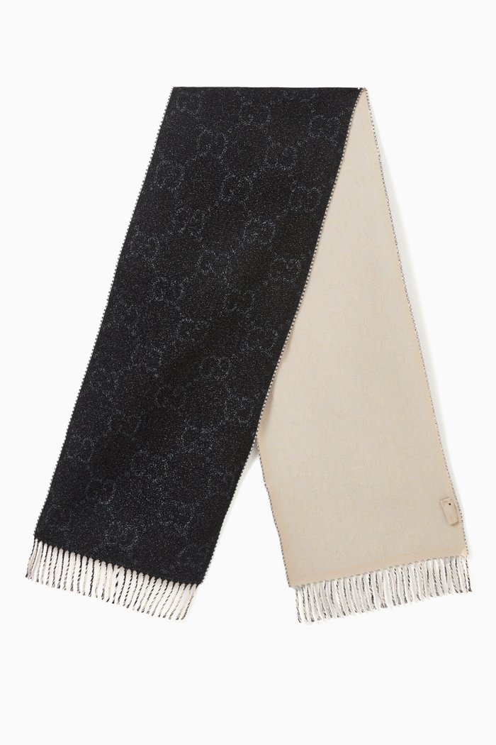 

GG Fringe Scarf in Wool, Black