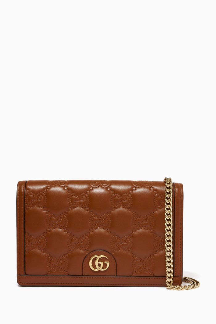 

GG Matelassé Chain Wallet in Leather, Brown
