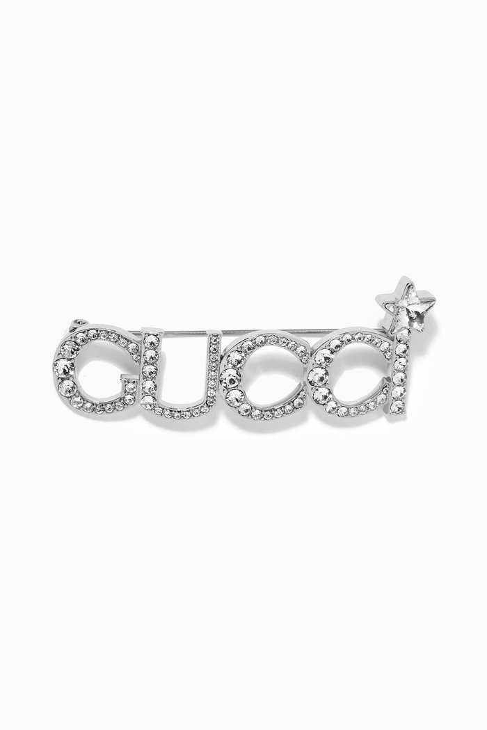 

Gucci Script Crystal Brooch in Metal, Silver