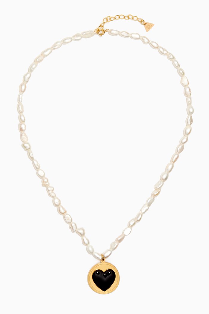 

Heart Pearl & Enamel Necklace in 18kt Recycled Gold-plated Metal, Black