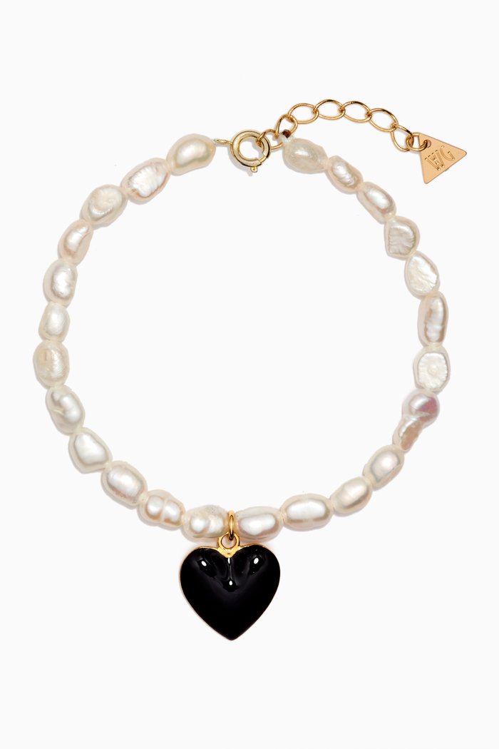 

Heart Pearl Dating Bracelet in 18kt Recycled Gold-plated Metal, Black