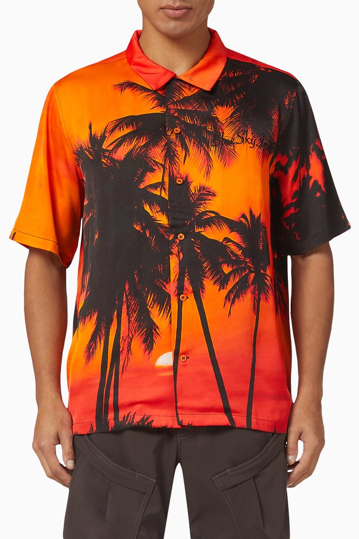 

Sunset Palm Print Shirt in Viscose Satin, Multicolour