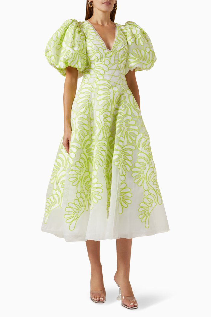 Botanical Appliqué Dress in Organza Fabric, Yellow