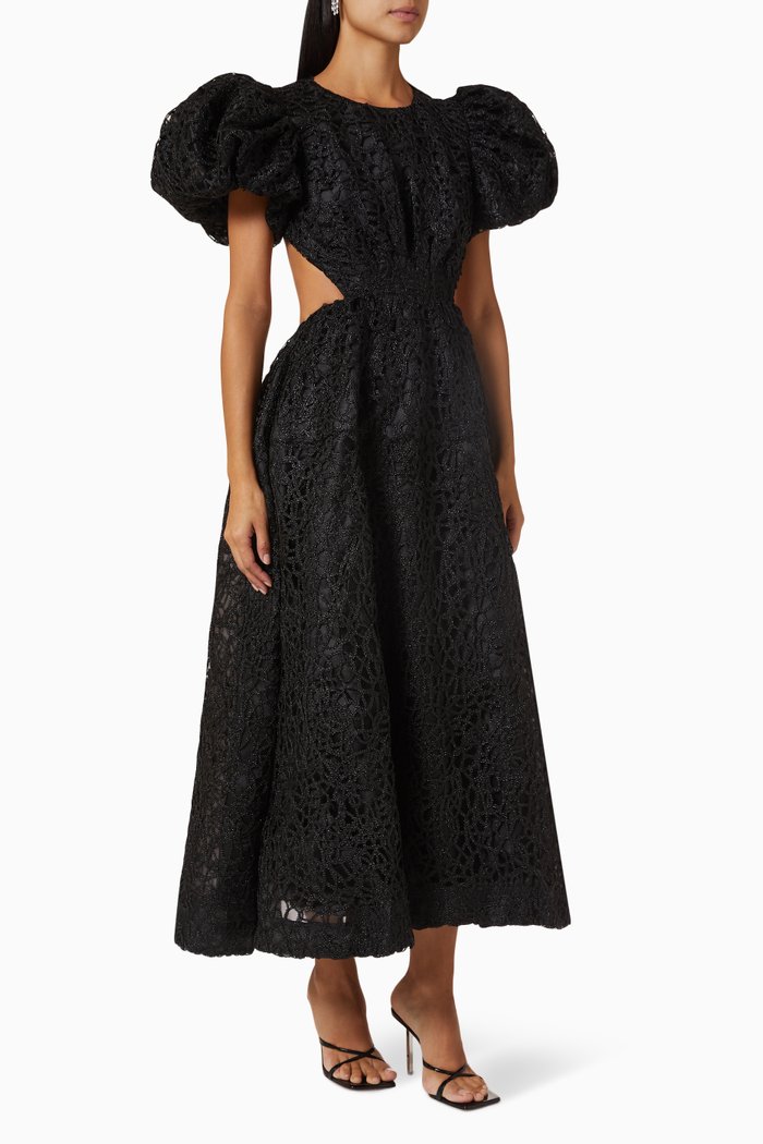 

Patina Open-back Midi Dress in Lace, Black