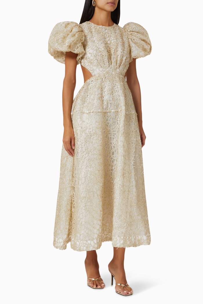 

Patina Open-back Midi Dress in Lace, Neutral