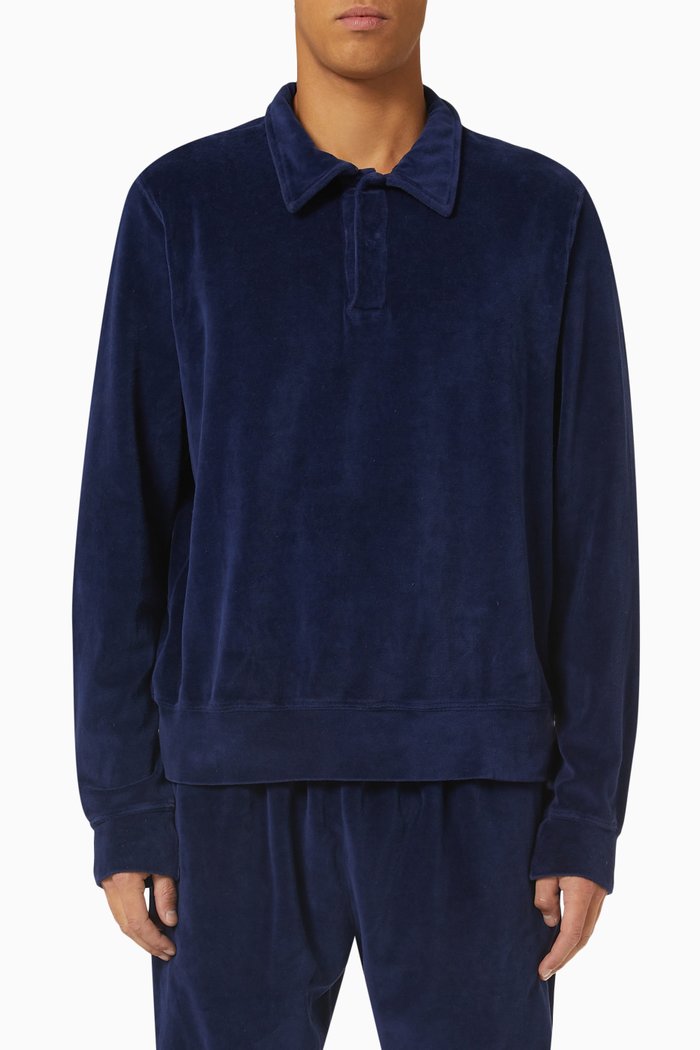 

Long-sleeved Banded Polo Shirt in Cotton Blend, Blue