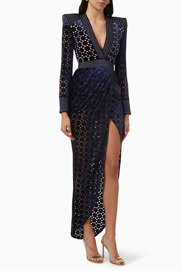 

Shadow Lounge Gilded Gown in Velvet, Blue