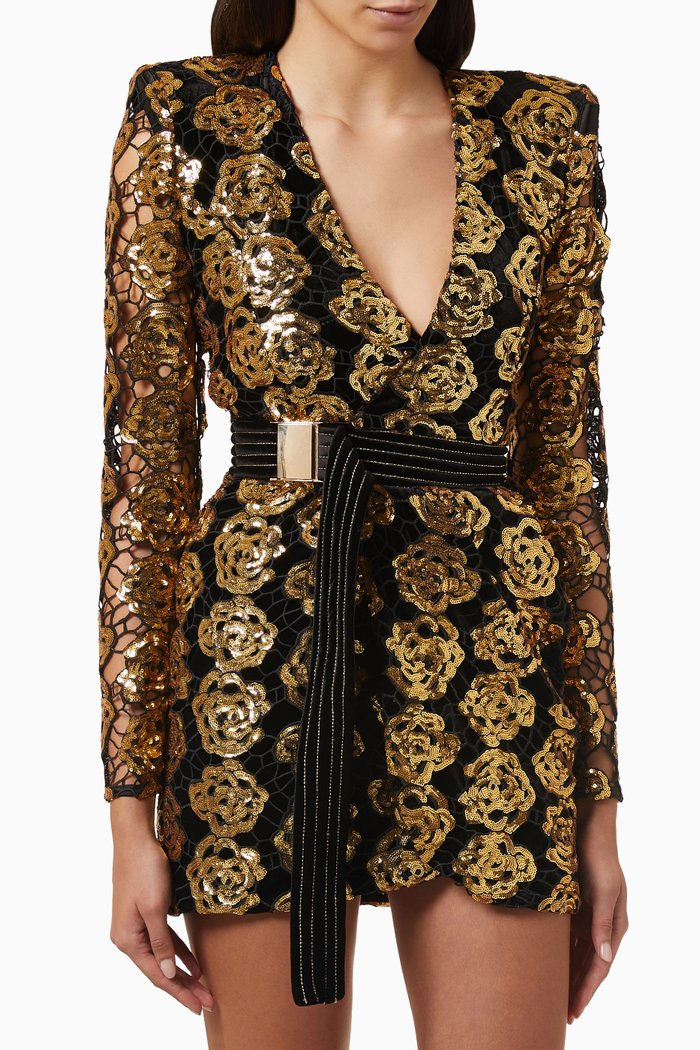 

Miami Nights Sequin-embellished Mini Wrap Dress, Gold