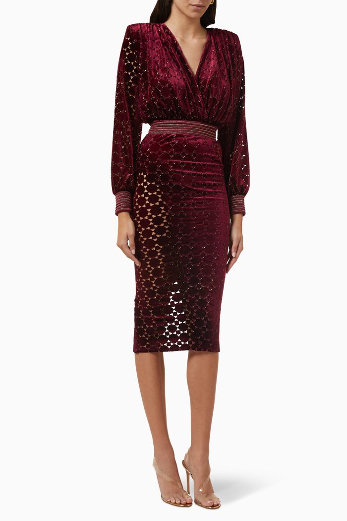 

Level Gilded Midi Dress in Velvet, Red