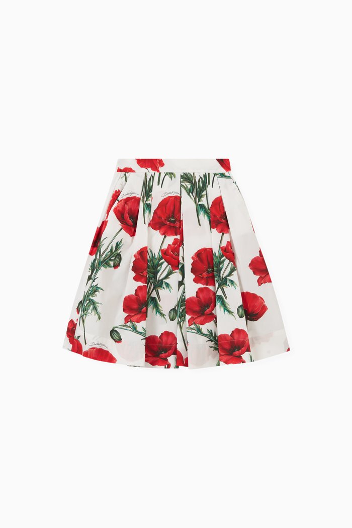

Poppy Print Midi Skirt in Cotton Poplin, Red