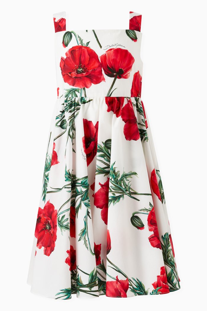 

Poppy Print Midi Dress in Cotton Poplin, Red