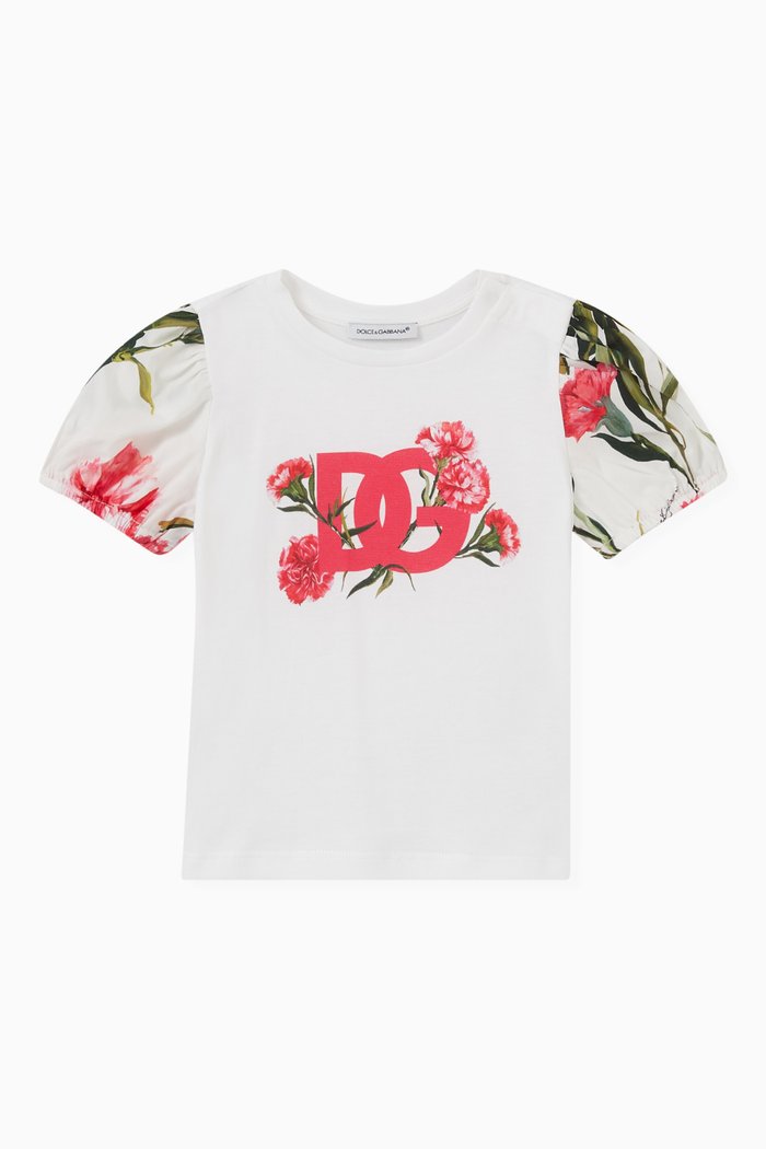 Carnation Print T-shirt in Cotton Poplin, Pink