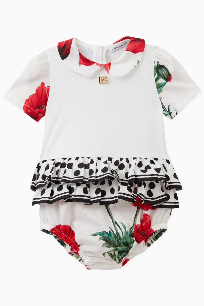 

Poppy Print Romper in Cotton Jersey & Poplin, Multicolour