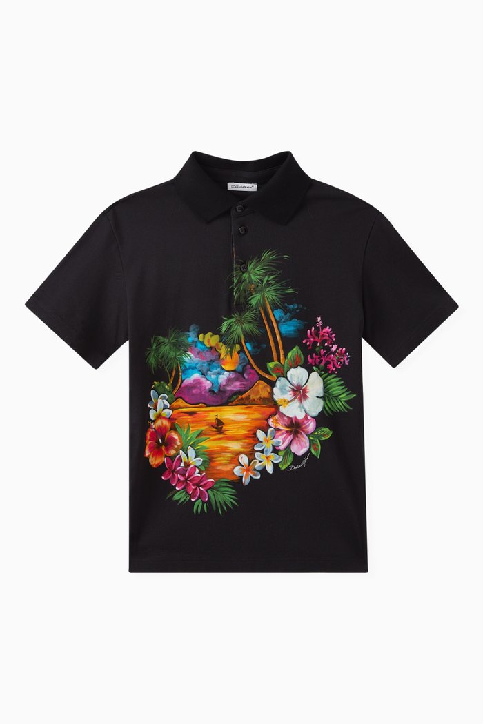 

Hawaiian Print Polo in Cotton Pique, Multicolour