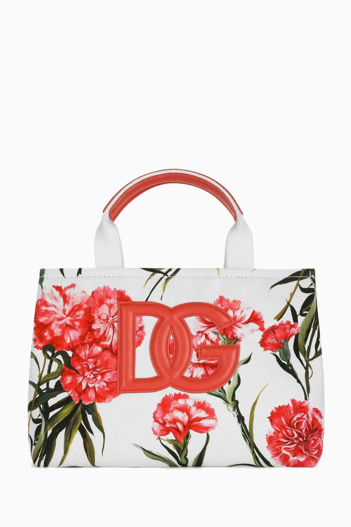 

Happy Garden Handbag in Carnation-print Canvas, White