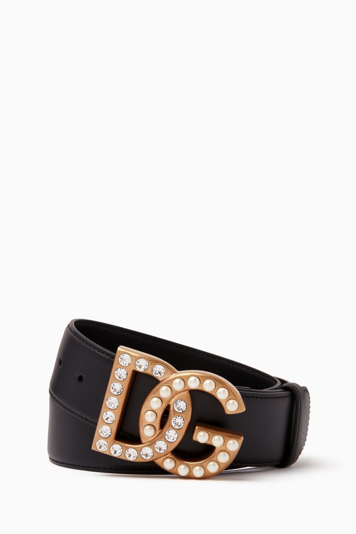 DG Crystal Logo Belt in Calfksin Leather, Black