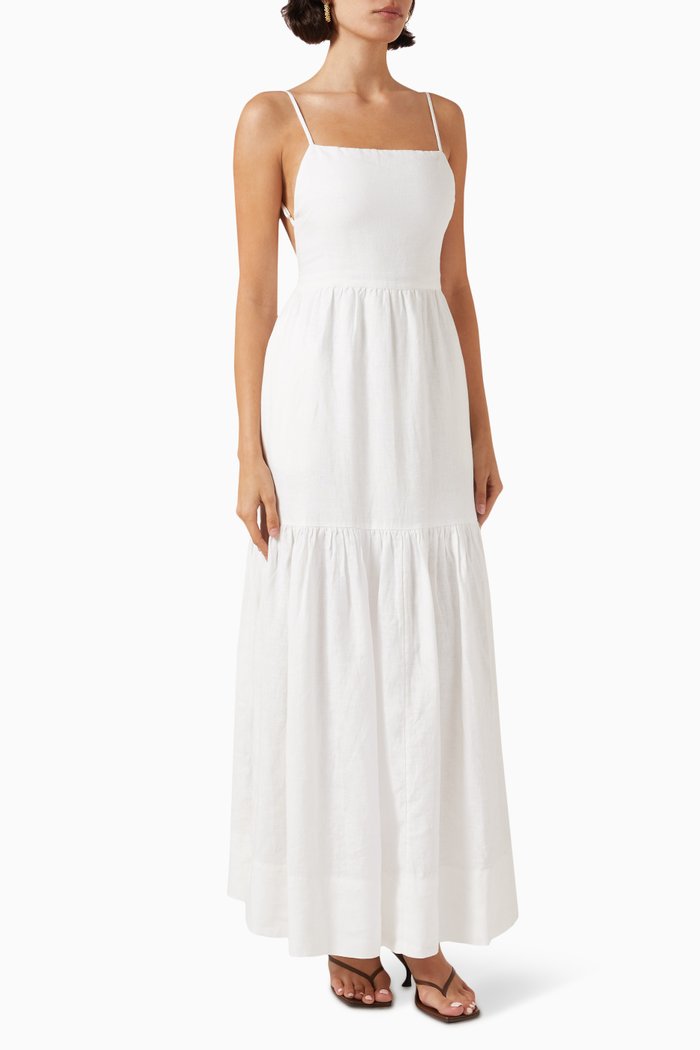 Ellie Tiered Maxi Dress in Linen, White