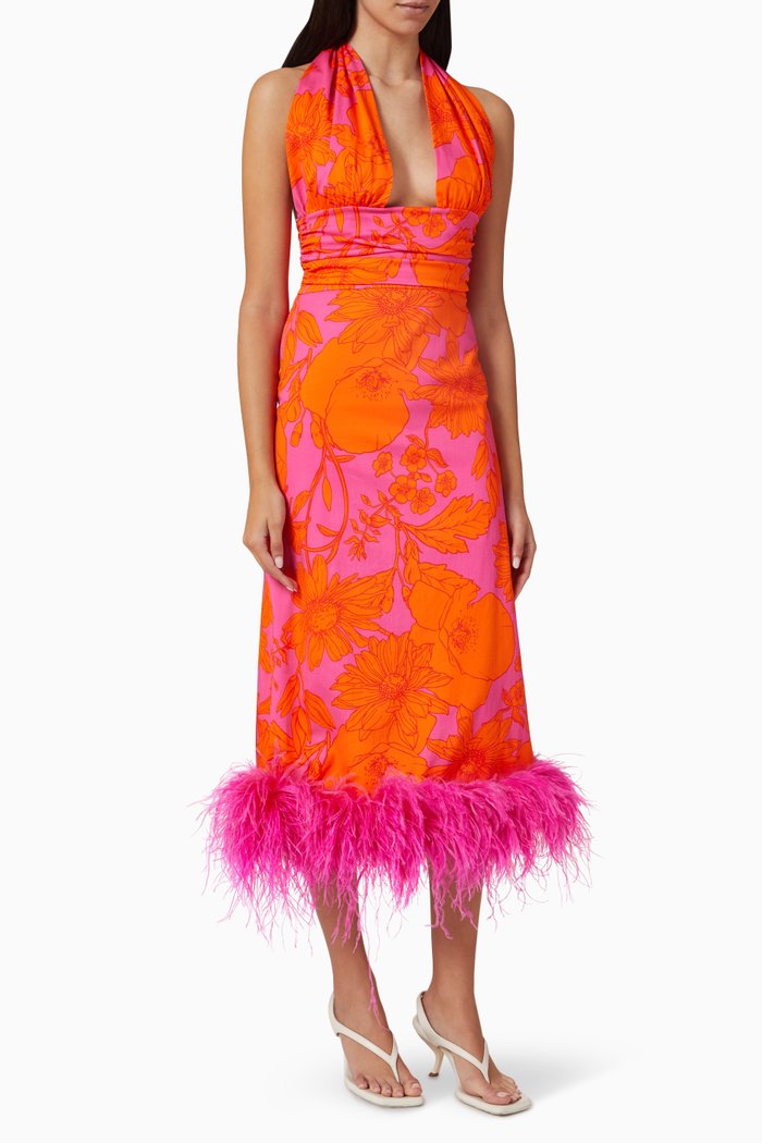 

Naima Feather Midi Dress in Cotton, Orange