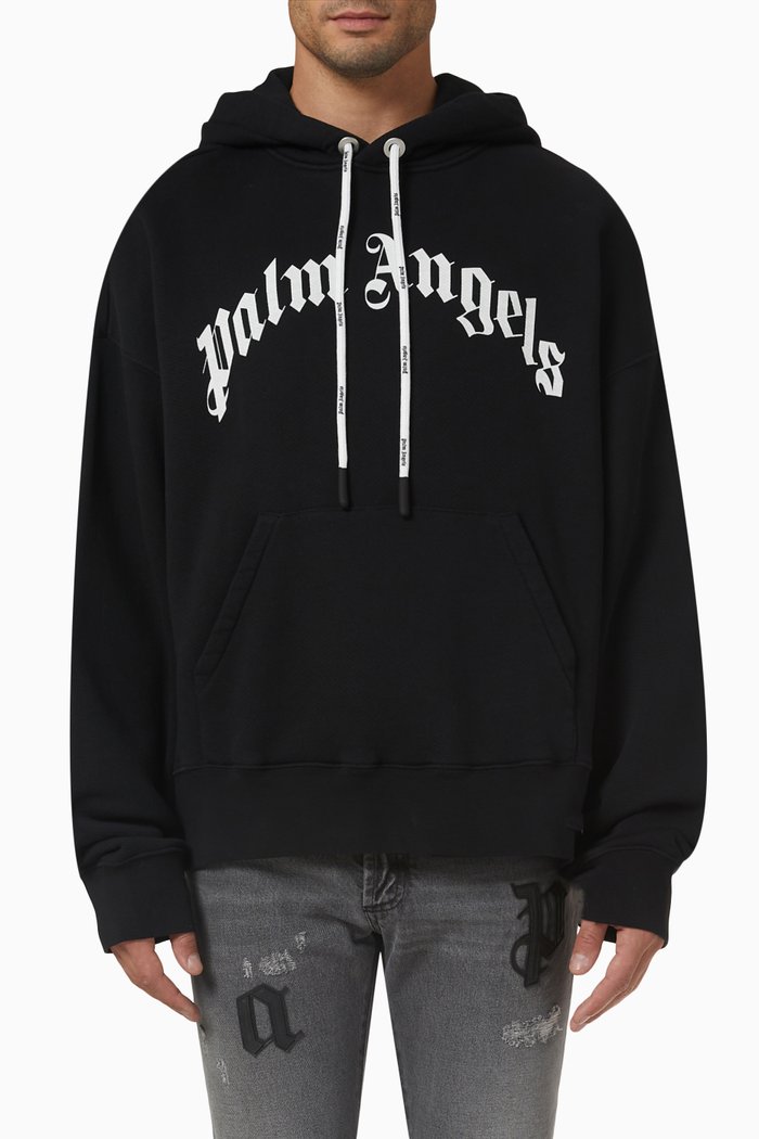 Curved Logo Hoodie in Cotton Jersey, Black