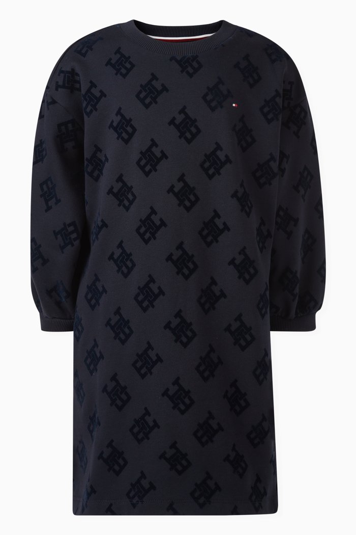 Monogram Flock Dress in Cotton Terry, Blue