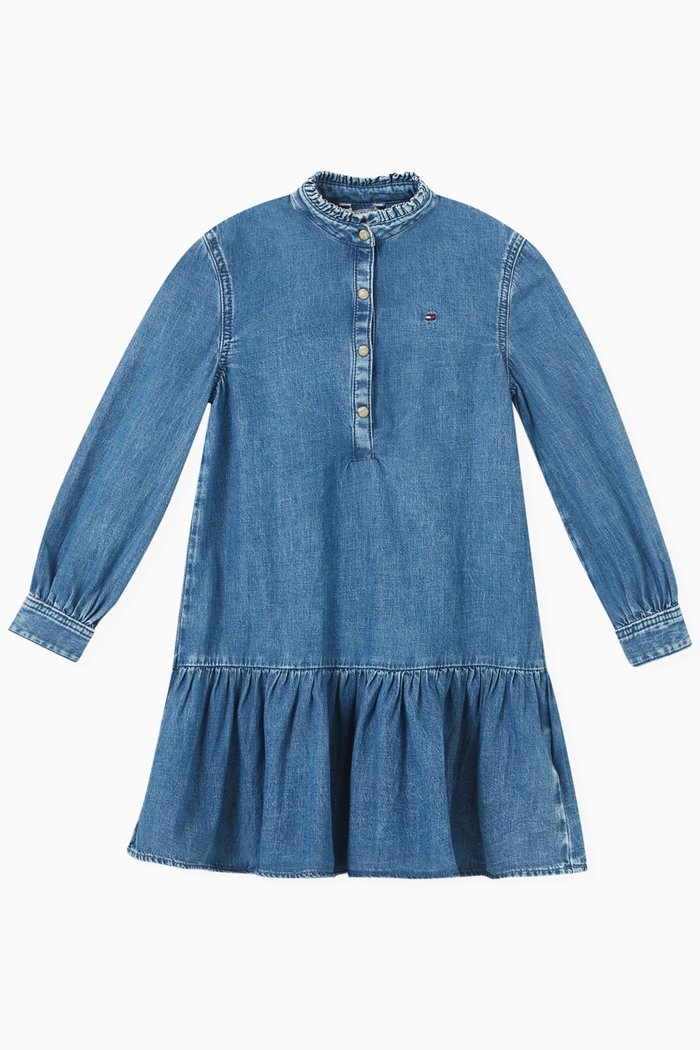 

Frilled Logo Denim Dress in Cotton, Blue