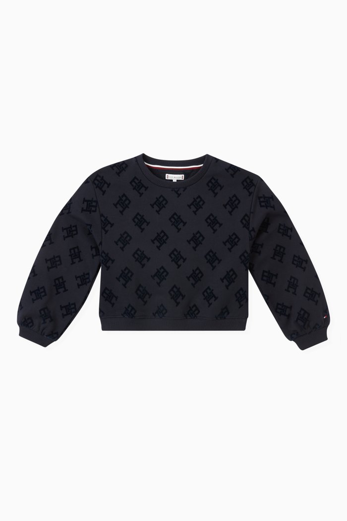 

Flocked Monogram Print Sweatshirt in Cotton Terry, Blue