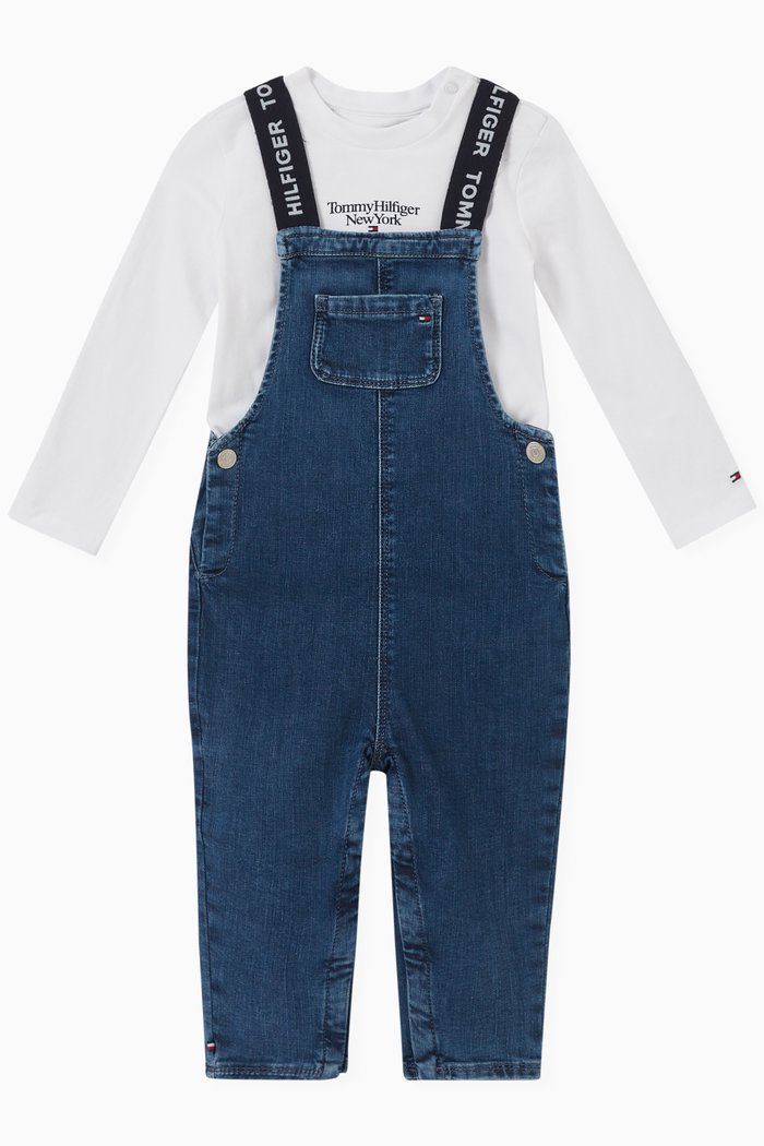 

Logo-print Dungaree Set in Denim & Cotton-jersey, White