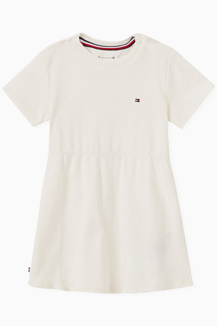 Logo Pointelle Dress in Cotton, White