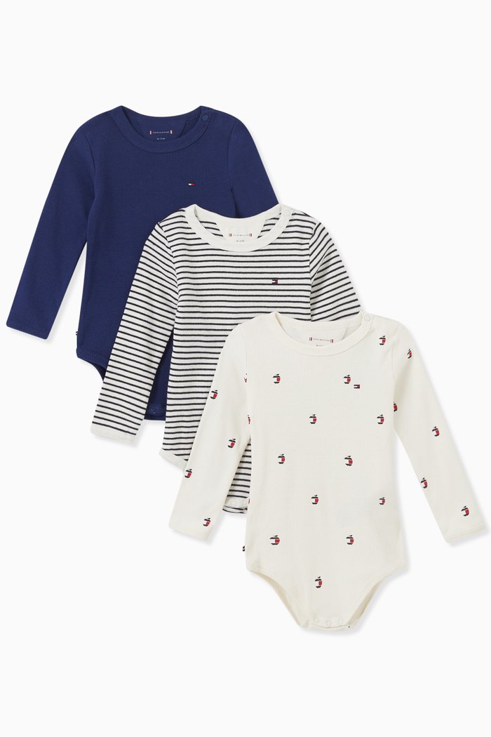 

Logo Bodysuit in Cotton, Set of 3, Blue