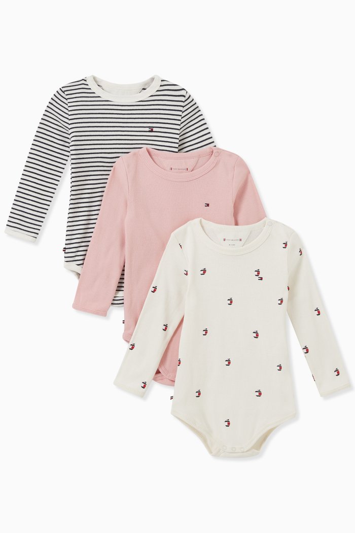 

Logo Bodysuit in Cotton, Set of 3, Pink