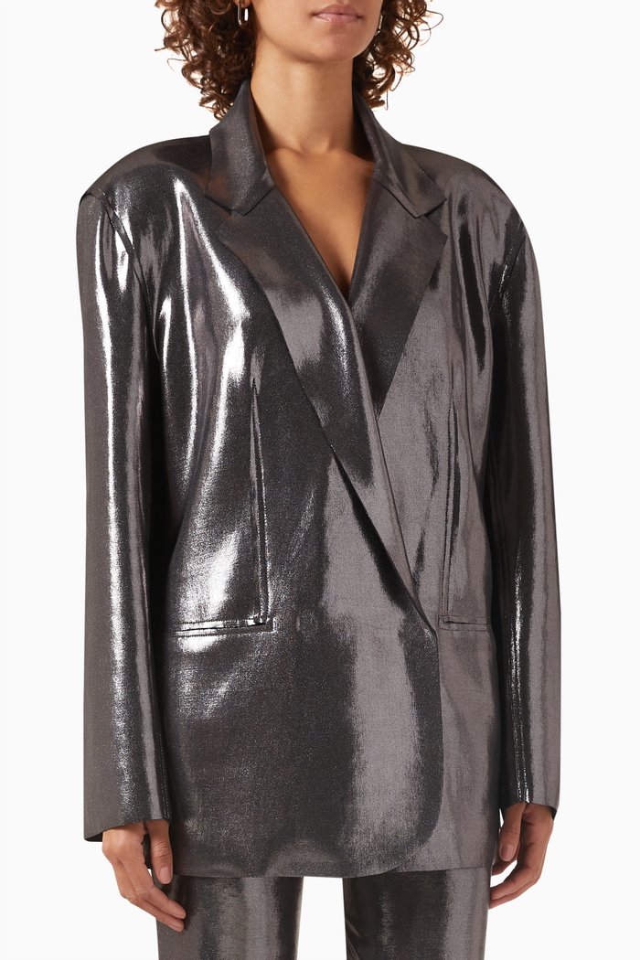 

Oversized Double-breasted Jacket in Stretch-lamé, Grey