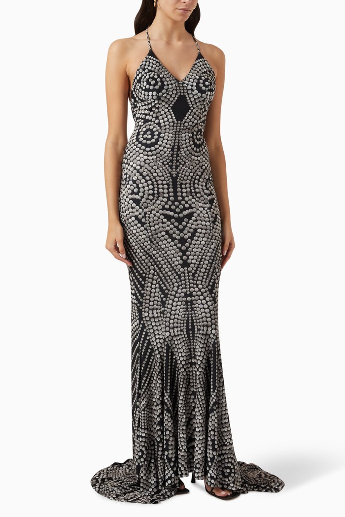 Printed Mermaid Gown in Stretch Lycra, Black
