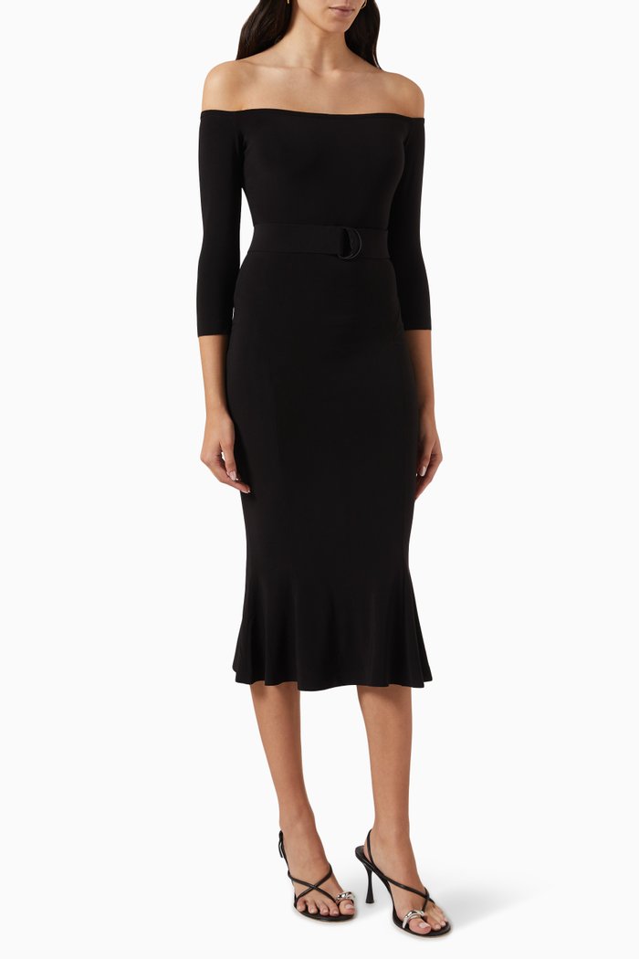 

Off-shoulder Midi Dress in Stretch Lycra, Black