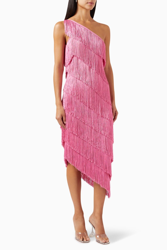 One-shoulder Fringed Midi Dress, Pink