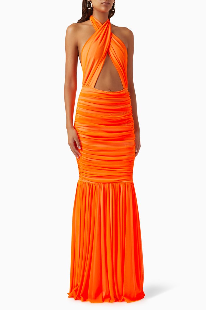 

Criss-cross Halter Fishtail Maxi Dress in Mesh, Orange