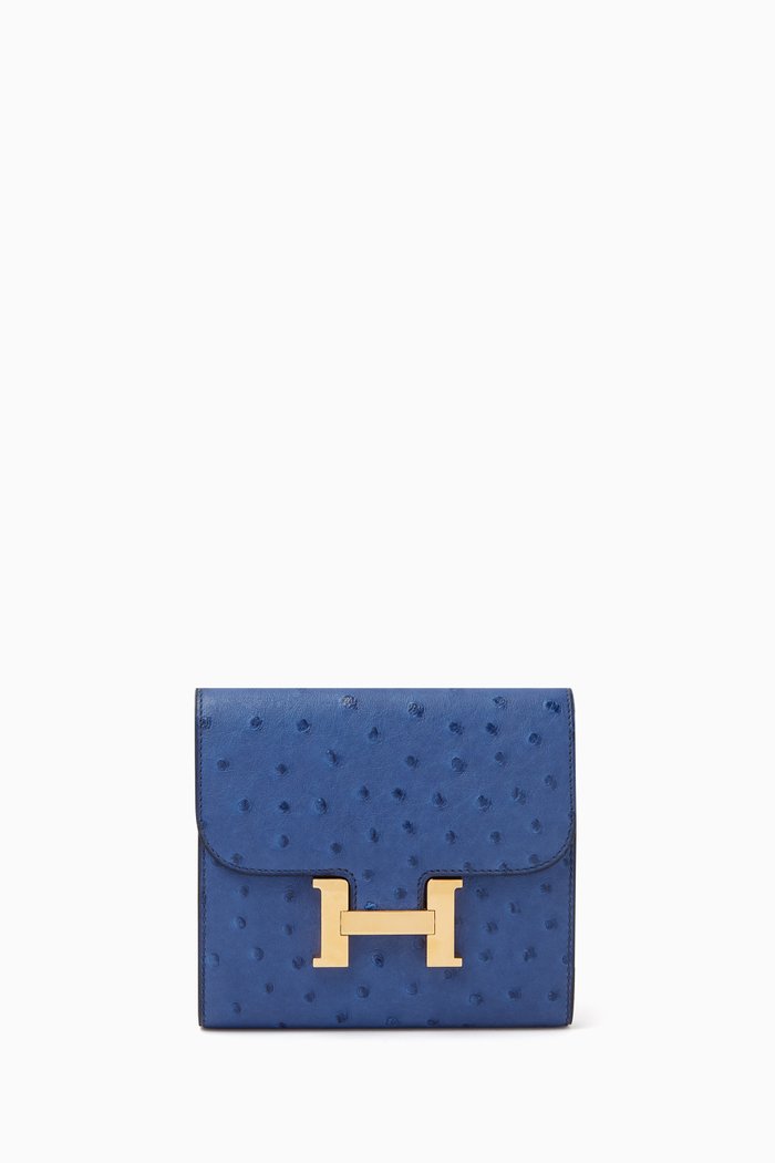 

Constance Compact Slim Wallet in Ostrich Leather & Gold-tone Hardware, Blue