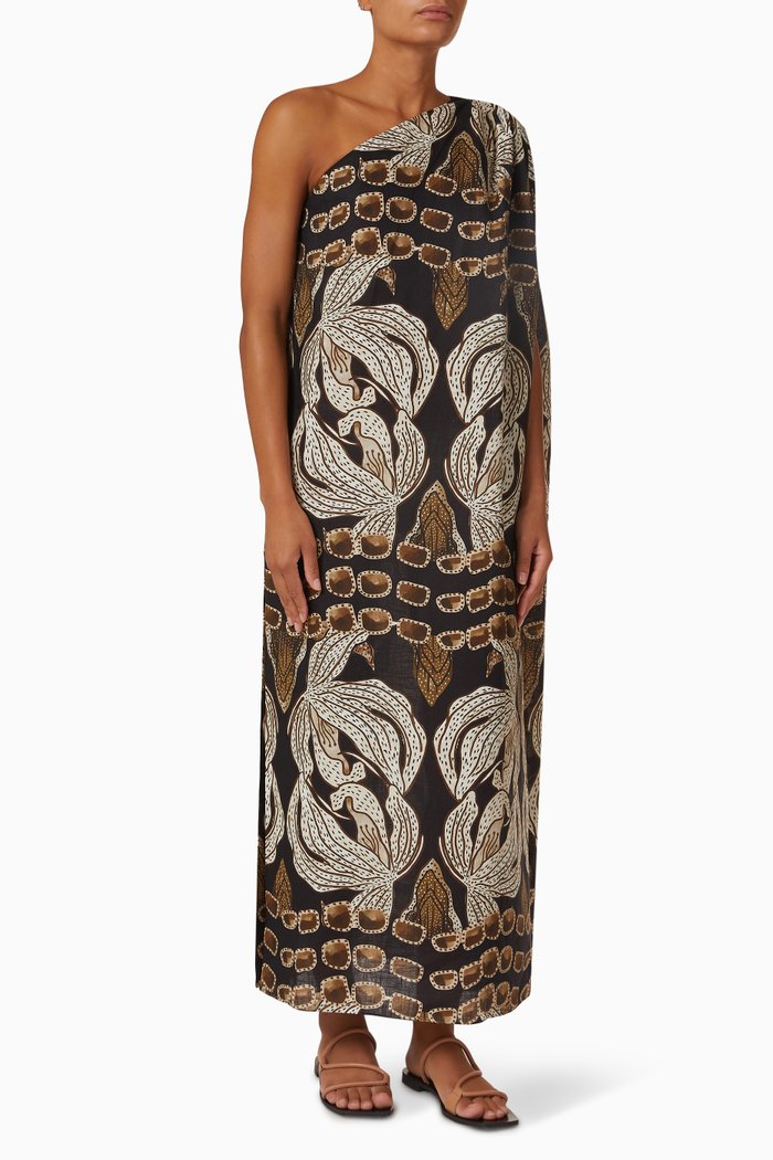 

Eva Noir One-shoulder Dress in Linen, Multicolour
