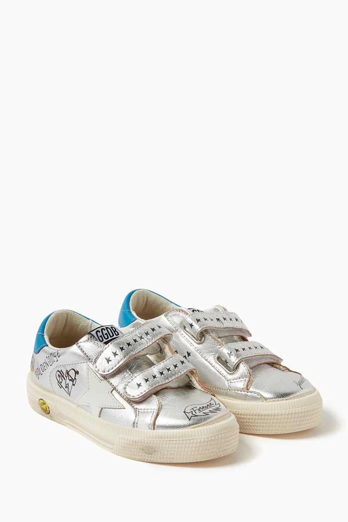 

May School Graffiti Print Sneakers in Laminated Leather, Silver