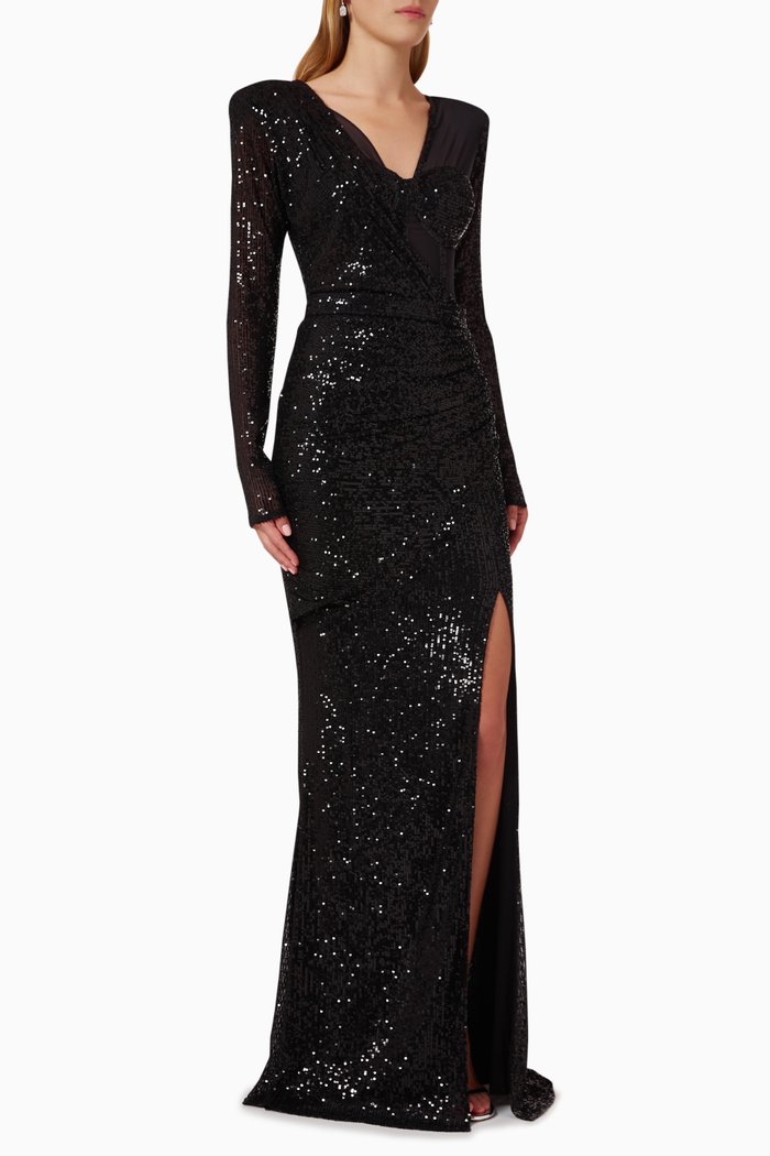 

Sheer Slit Maxi Dress in Sequin, Black