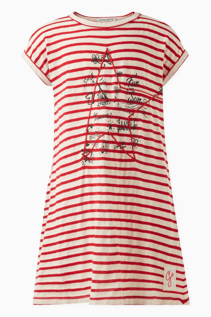

Striped Embroidered T-shirt Dress in Cotton, Red