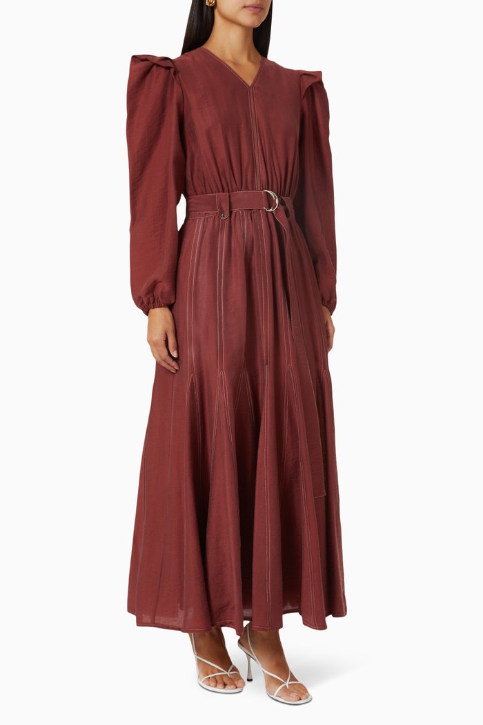 

D-buckle Belted Maxi Dress in Tencel, Burgundy