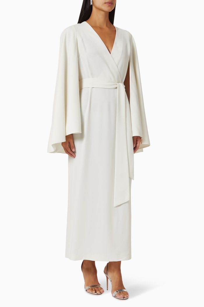 

Cascading-sleeves Belted Maxi Dress, Neutral