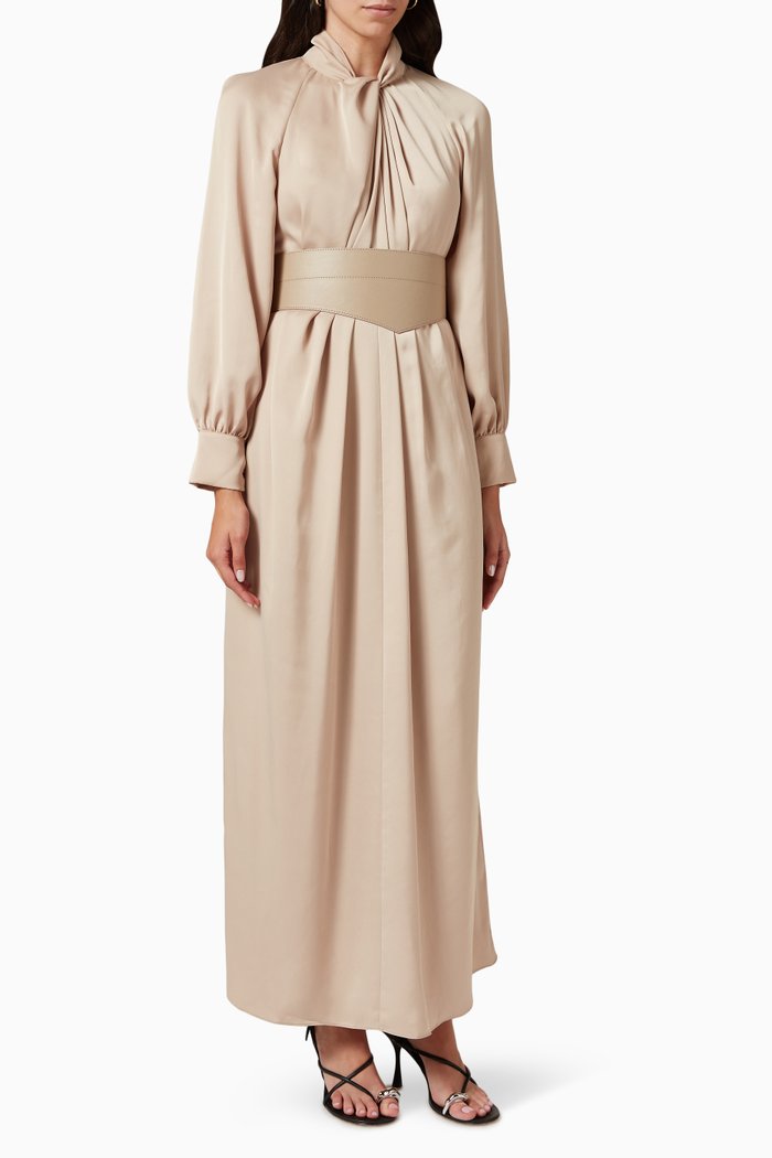 

Belted Maxi Dress in Crepe, Neutral