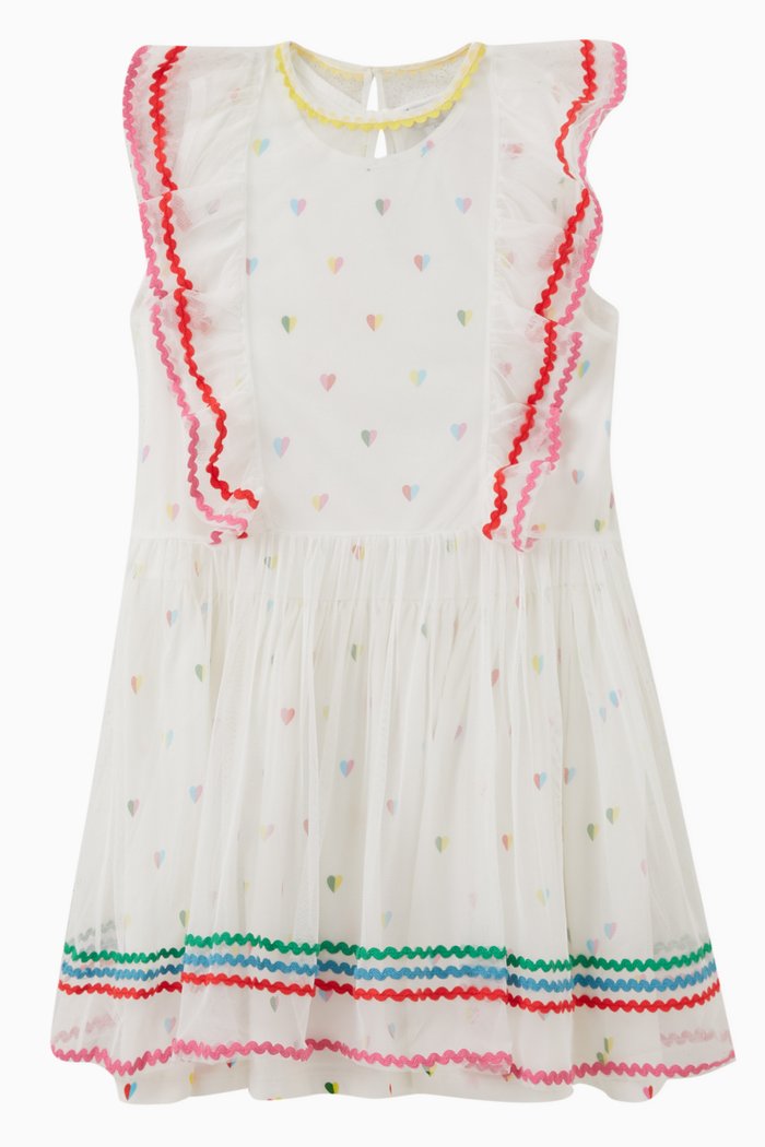 Ruffled Heart-printed Dress in Polyester, White