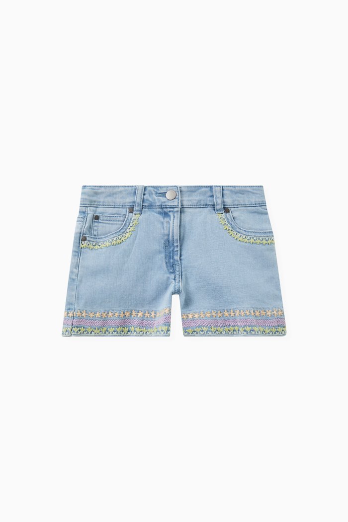 

Embroidered Stars Denim Shorts in Cotton Stretch, Blue