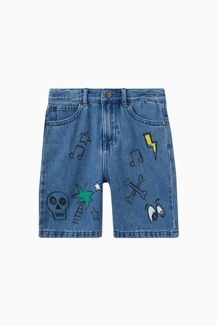 

Illustrated Denim Shorts in Organic Cotton, Blue